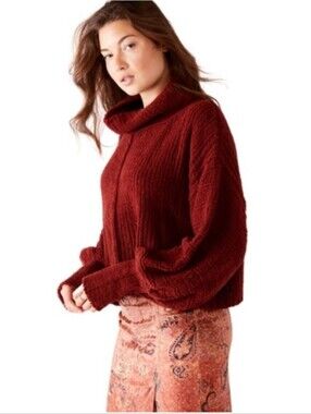 Free People Be Yours Cowl Neck Pullover Knit Sweater Cranberry Red Sz Large EUC